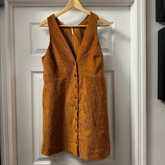 Free People Abito Corto Mini Rolling Thunder In Velluto A Coste - Scollo A V, Bottoni, Colore Ruggine, Taglie Donna